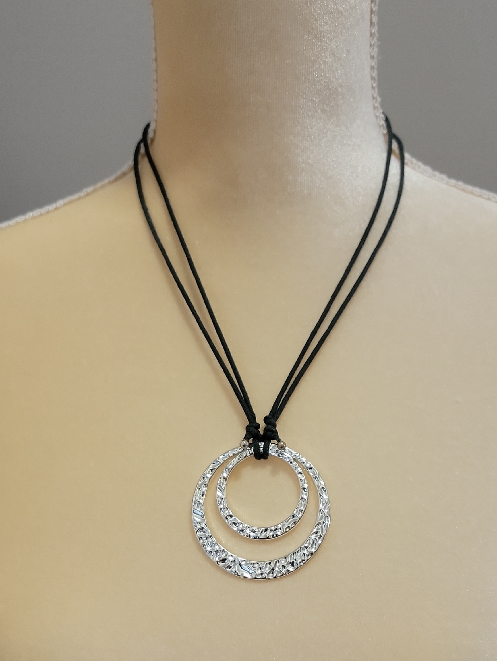 Double Hoop Silver Pendant Necklace With Adjustable Black Cord